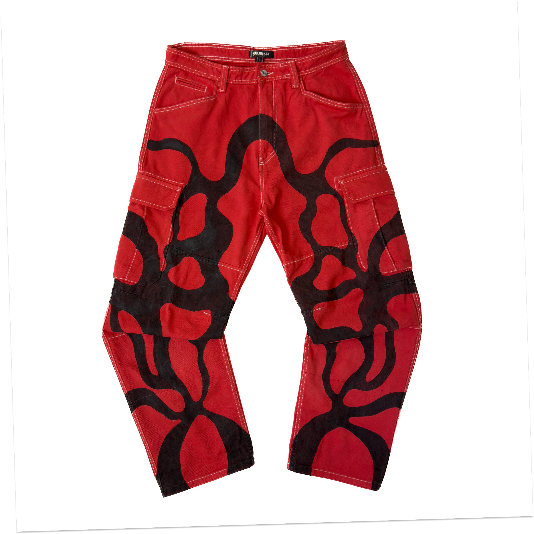 Pantalón Cargo Rojo Pintado a Mano – Pieza única Talla 42